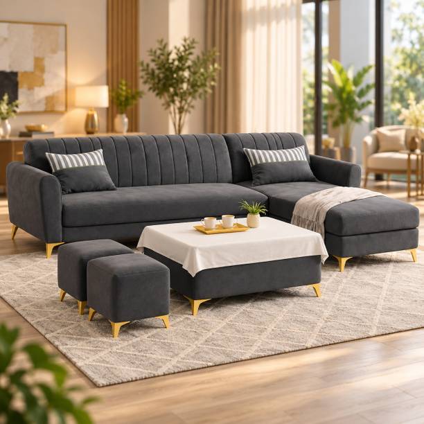ADORN INDIA Adorn India Luster 8 Seater L Shape Sofa | RHS | Dark Grey | 2 Puffy & Table Fabric 8 Seater Sofa