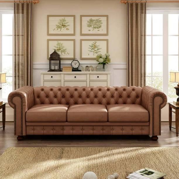 Soul Light Art Wooden Modern Sofa Tufted Couch with Deep Seats,Chesterfield living room Leatherette 3 Seater  Sofa