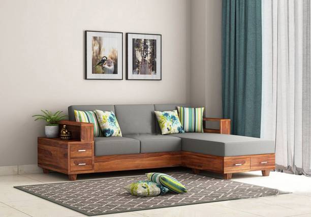 Wopno Furniture Pure Sheesham Wooden 4 Seater Sofa Set with Side Box Storage for Living Roo Fabric 4 Seater  Sofa