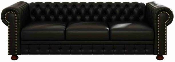 India wood mart Wood Chesterfield leatherette sofa wood-framed modern tufted deep seats Black Half-leather 3 Seater  Sofa