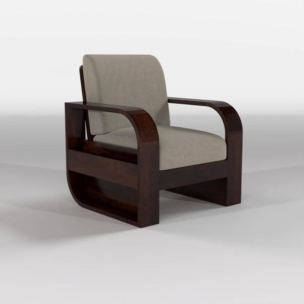 DIVESHIKA ART Sheesham Wood One Seater Sofa With Round Leaf Style Arms & Side Pocket Storage | Fabric 1 Seater  Sofa