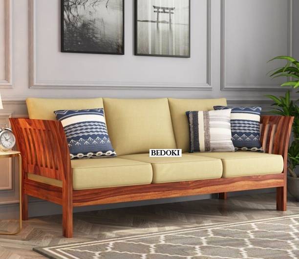 BEDOKI Sheesham Wood Three Seater Luxury Sofa For Living Room, Hotel, Café. Fabric 3 Seater  Sofa