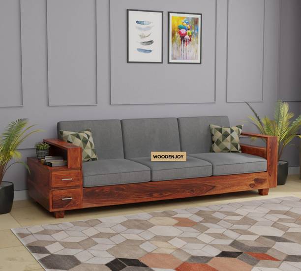 WOODENJOY Sheesham Wood 3 Seater Sofa With Side Drawer Storage For Home Solid Wood 3 Seater  Sofa