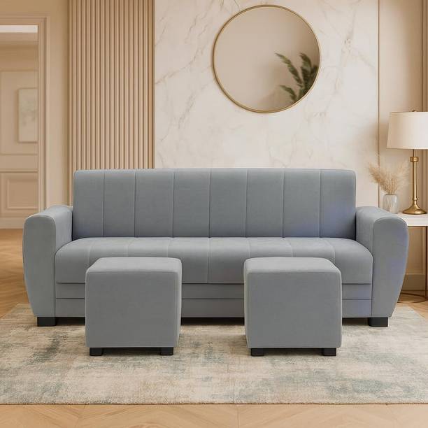 FURNY Arora 3 Seater Modular L Shape Sofa Set with 2 Ottoman | Soft Velvet Upholstery Fabric 3 Seater  Sofa