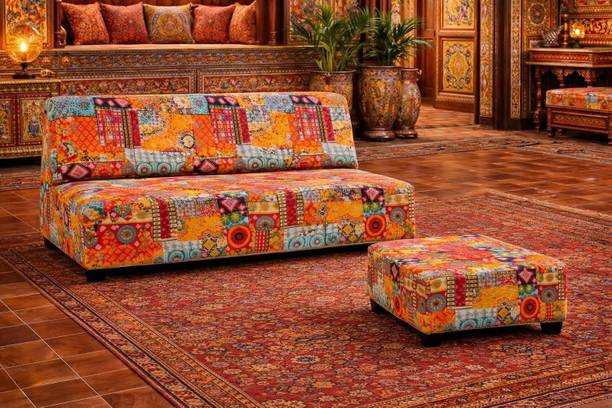 DMKDecor Rajasthani Printed 2 Seater Wooden Sofa with Ottoman Fabric 2 Seater  Sofa