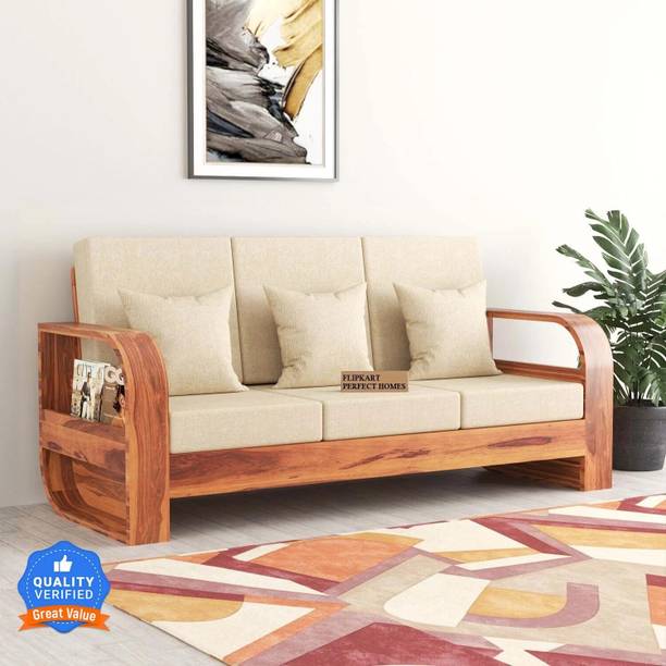Flipkart Perfect Homes Leaf Armrest Sheesham Wood Three Seater Sofa With Pocket Storage For Living Room Fabric 3 Seater  Sofa