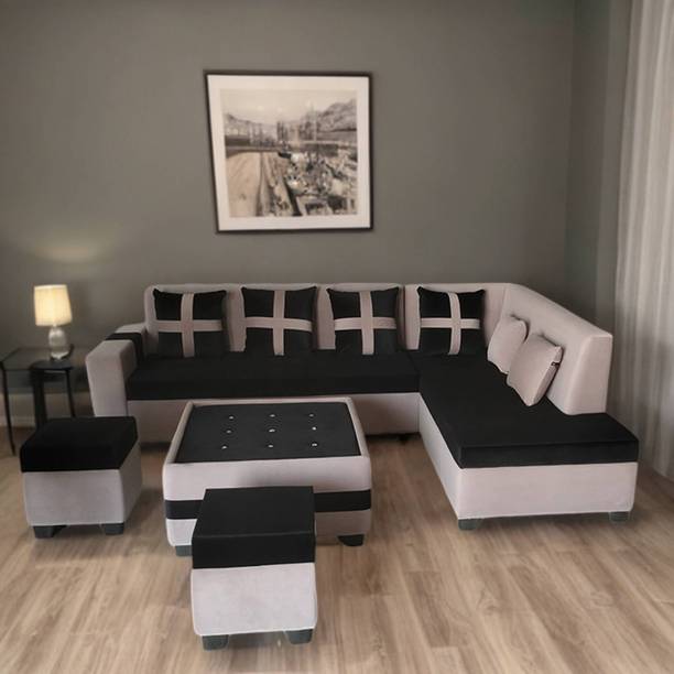 Carftjar Fabric L Shaped Eight Seater Sofa Set With Coffee Table & Two Puffy For Office | Fabric 8 Seater  Sofa