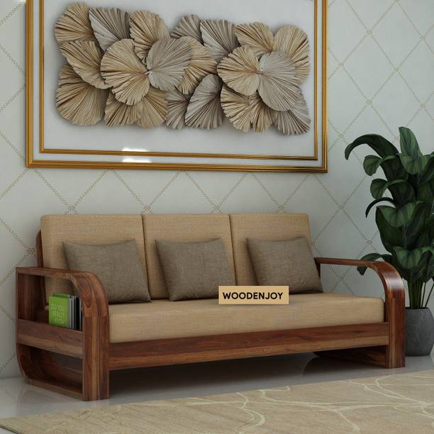 WOODENJOY Sheesham Wood 3 Seater Sofa With Side Pocket Storage For Home Solid Wood 3 Seater  Sofa
