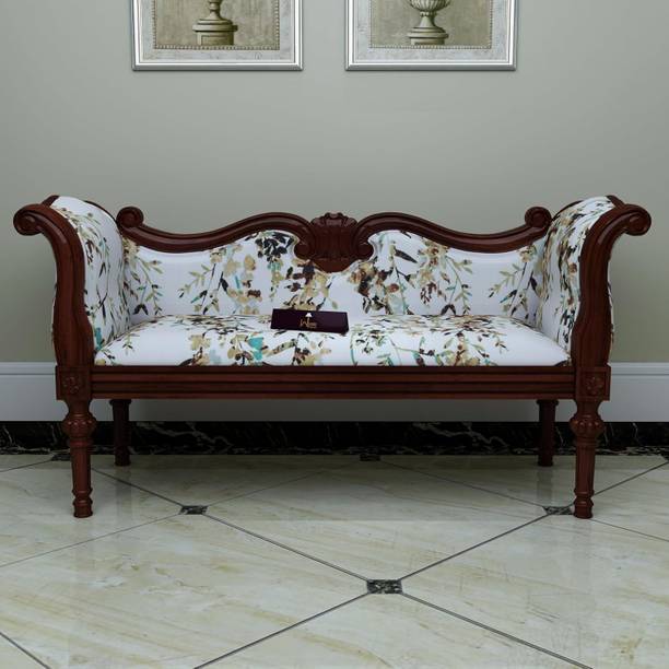 WOODEN TWIST Hand-Carved Teak Wood Settee Bench (2 Seater) - Vintage Living Room Couch Sofa Fabric 3 Seater  Sofa