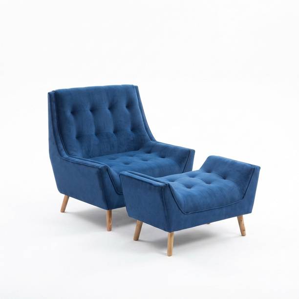 DECOR IMPEX FURNITURE VelvetAura Lounge Chair, Velvet Accent Chairs with Pouffes, Blue, Solid Wood 1 Seater  Sofa