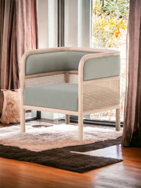 WOODEN TWIST Teak Wood Single Seater Sofa with Curved Framing and Natural Cane Paneling Fabric 3 Seater Sofa