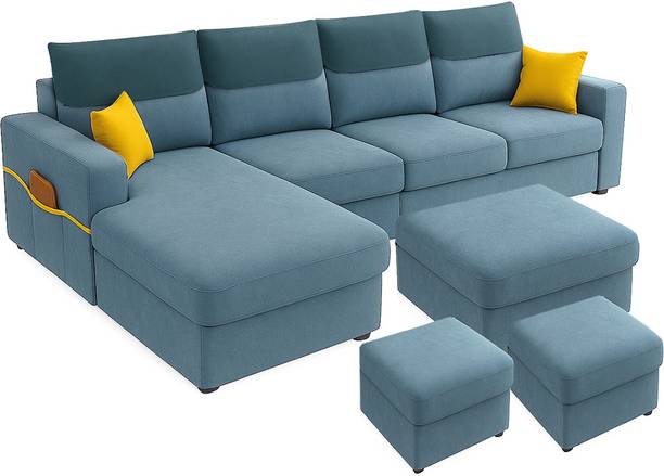 FURNY Tokyo 8 Seater Fabric LHS L Shape Sofa Set with 1 Centre Table & 2 Puffy Fabric 8 Seater  Sofa