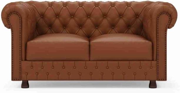 India wood mart Wooden Modern Chesterfield Sofa with Deep Seat Dark Brown Tufted Mattress Half-leather 2 Seater  Sofa