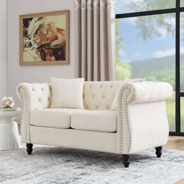 India wood mart Wooden Chesterfield White Sofa Couch for Living Room,Bedroom,Office,Apartment Half-leather 2 Seater  Sofa