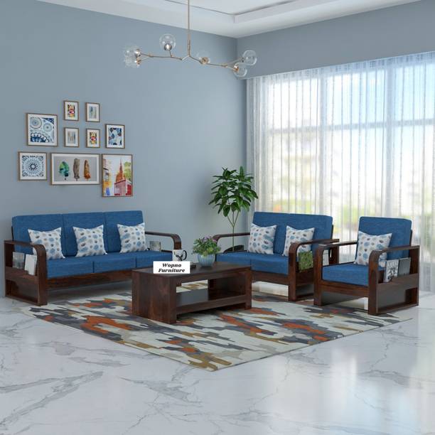 Wopno Furniture Sheesham Wooden 6 Seater Sofa set for living Room | Wooden Sofa Fabric 6 Seater  Sofa
