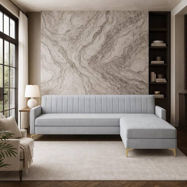 FURNY Morello 3 Seater Modular L Shape Sofa Set with Ottoman| Soft Velvet Suede Fabric Fabric 3 Seater  Sofa