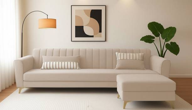 ADORN INDIA Adorn India Luster 4 Seater L Shape Sofa | Cream Velvet Suede | Golden Legs Fabric 4 Seater  Sofa
