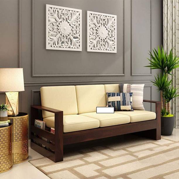 Devsignature 3 Seater WoodenSofa for Home Living Room with Mattress Fabric 3 Seater  Sofa