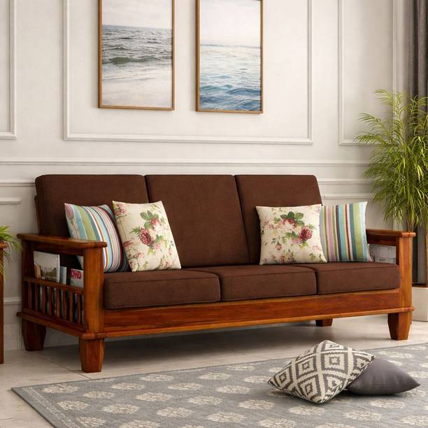 VARSHA FURNITURE Solid Sheesham Wood 3 Seater Sofa for Living Room - Brown Cushion Fabric 3 Seater  Sofa