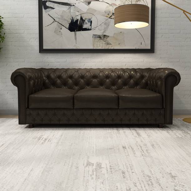 Artesia 3-Seater Chesterfield Sofa with Rolled Arms - Button Tufted Leatherette 3 Seater  Sofa