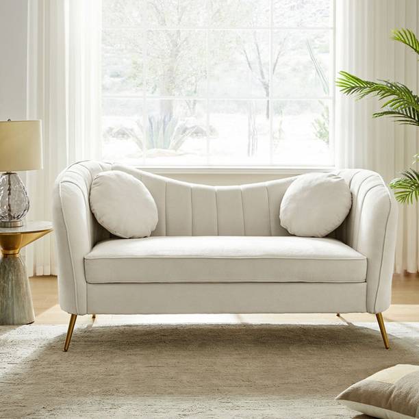 Soul Light Art Wooden Sofa 2 Pillows Curved Design White Couch Living Room Bedroom Half-leather 2 Seater  Sofa