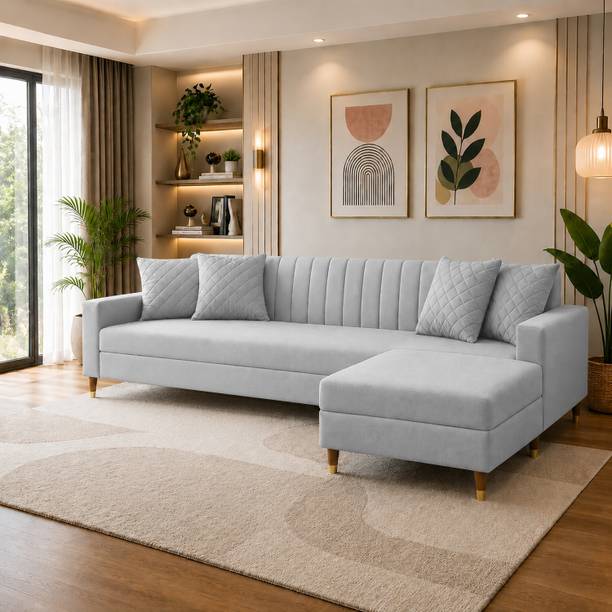 MintCasa Garcia 4 Seater Straight Soft Cushion Wooden Frame Sofa with Ottoman Fabric 4 Seater Sofa