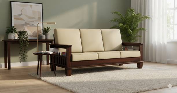 mp enterprises Sheesham Wood Three Seater Sofa With Side Pocket Storage For Living Room| Office Fabric 3 Seater  Sofa