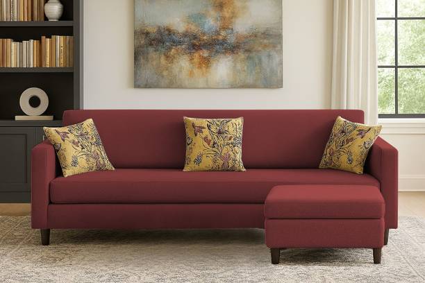 MintCasa Premium Lifestyle 4 Seater Straight Soft Cushion Wooden Frame Sofa with Ottoman Fabric 4 Seater Sofa