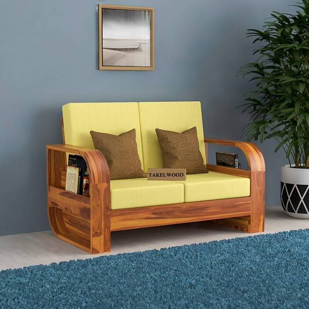 TAKELWOOD LEAFY Solid Sheesham Wood Two Seater Sofa With Round Arm & Pocket Storage Space| Fabric 2 Seater  Sofa
