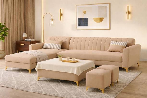 ADORN INDIA Adorn India Luster 8 Seater L Shape Sofa | LHS | Beige | 2 Puffy & Center Table Fabric 8 Seater Sofa
