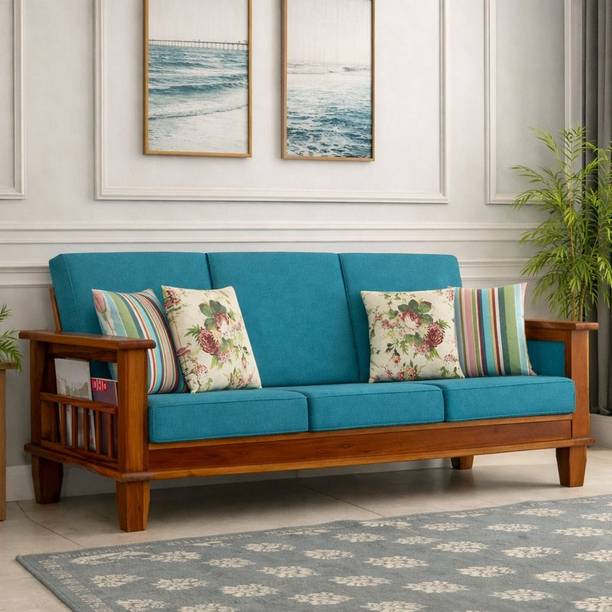 VARSHA FURNITURE Solid Sheesham Wood 3 Seater Sofa for Living Room - Teal Colour Fabric 3 Seater  Sofa