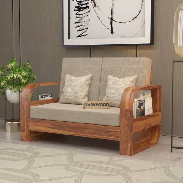 Taskwood Furniture Solid Sheesham Wood Two Seater Sofa With Flat Cushion For Living Room, Café Fabric 2 Seater Sofa