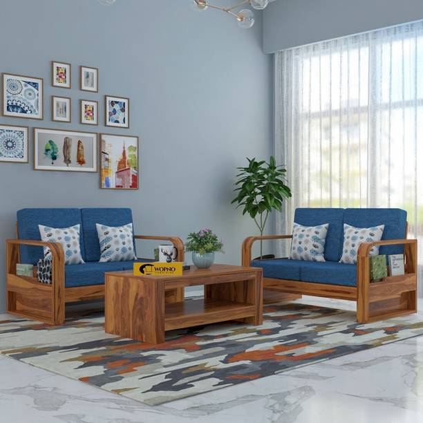 Wopno Furniture Sheesham Wooden 4 Seater Sofa set for living Room | Wooden Sofa Fabric 4 Seater  Sofa