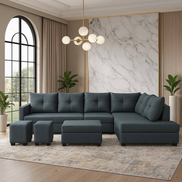 FURNY Oriana 8 Seater RHS L Shape Sofa Set| Velvet Fabric 2 Ottoman & Centre Table Fabric 8 Seater  Sofa