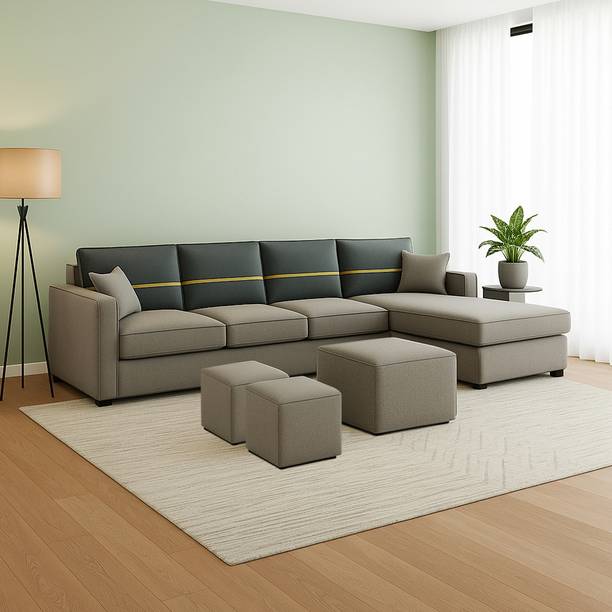 FURNY Arnoy 8 Seater Fabric RHS L Shape Sofa Set with 1 Centre Table & 2 Puffy Fabric 8 Seater  Sofa