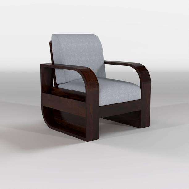 DIVESHIKA ART Sheesham Wood One Seater Sofa With Round Leaf Style Arms & Side Pocket Storage | Fabric 1 Seater  Sofa