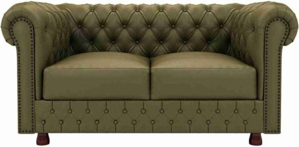 India wood mart Wooden Modern Chesterfield Sofa with Deep Seat Green Tufted Mattress. Half-leather 2 Seater  Sofa