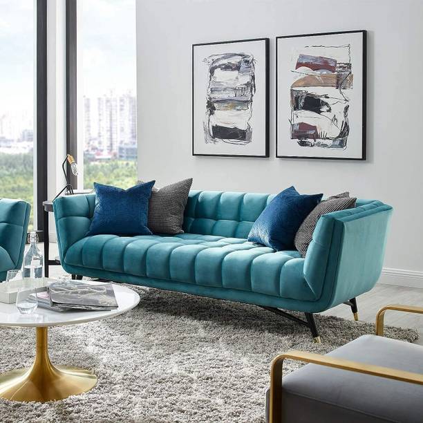India wood mart Modern Velvet Fabric Upholstered Tufted Sofa Leather 3 Seater Sofa Leather 3 Seater  Sofa