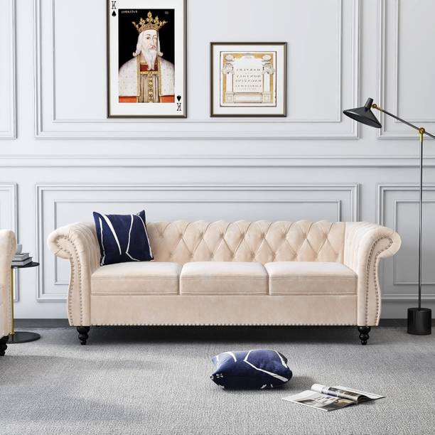 IRONIC HOUSE Chesterfield - Velvet Sofa, Modern 3 Seater Tufted Sofa Fabric 3 Seater  Sofa