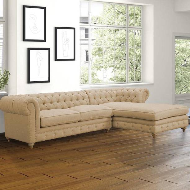 LUSTRE ENTERPRISE Demure Cesterfield Four Seater RHS L Shape Corner Sofa in Dark Beige Color Fabric 3 Seater  Sofa
