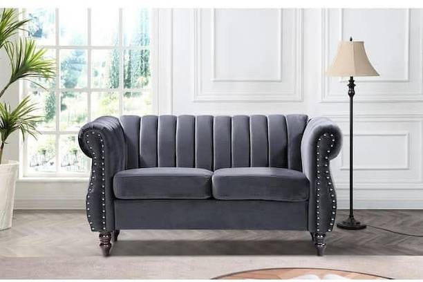 India wood mart Wooden Chesterfield Sofa for Living Room,Guest Room,Hotels 2-Person Sofa Grey Half-leather 2 Seater  Sofa