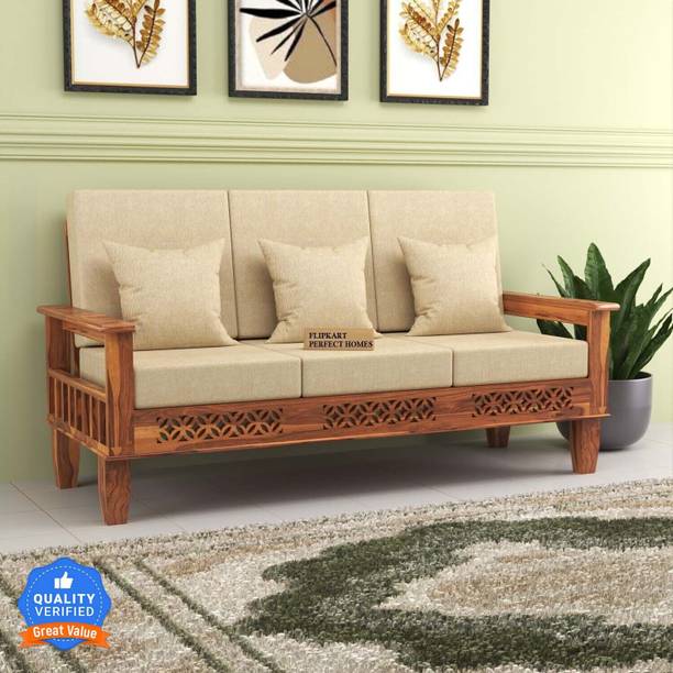 Flipkart Perfect Homes CNC Cutting Designed Sheesham Wood Three Seater Sofa With Side Pocket Storage | Fabric 3 Seater  Sofa