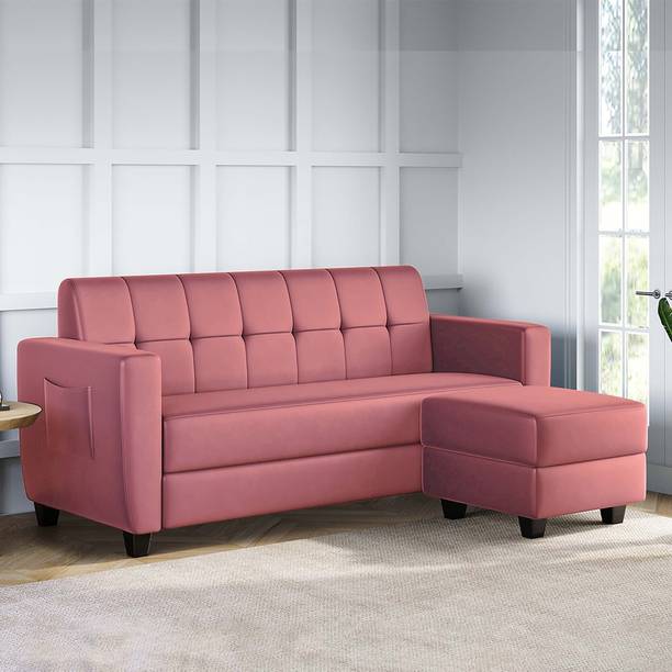 ARRA Remo Tufted Back Three Seater Sofa With Ottoman in Pink Color Fabric 4 Seater  Sofa
