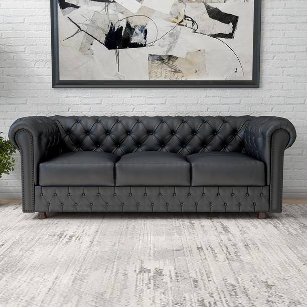 India wood mart Wooden Modern Sofa Tufted Couch with Deep Seat,Chesterfield 3 Seater Sofa Fabric Half-leather 3 Seater  Sofa