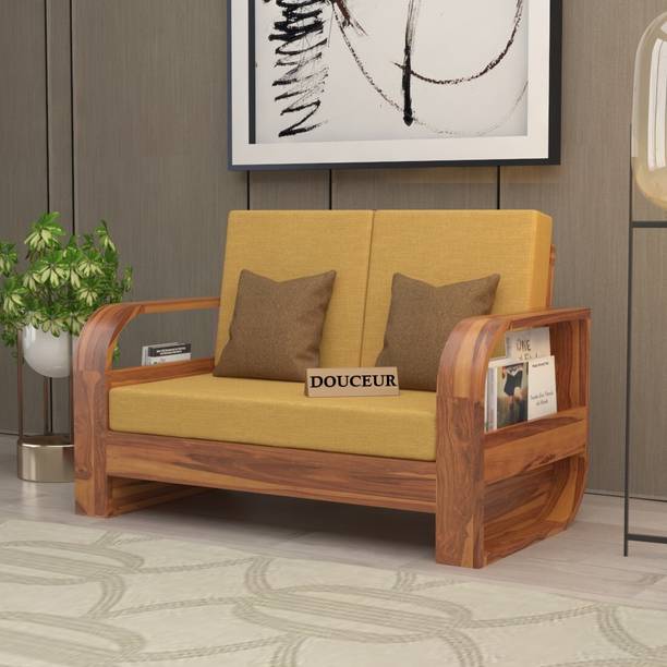Douceur Furnitures Solid Sheesham Wood Two Seater Sofa With Flat Cushion For Living Room, Office Fabric 2 Seater  Sofa