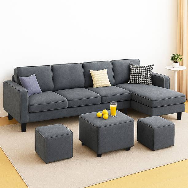 FURNY Arlo 8 Seater Fabric RHS L Shape Sofa Set with 1 Centre Table & 2 Puffy Fabric 8 Seater  Sofa