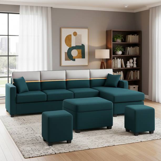 FURNY Arnoy 8 Seater Fabric RHS L Shape Sofa Set with 1 Centre Table & 2 Puffy Fabric 8 Seater  Sofa