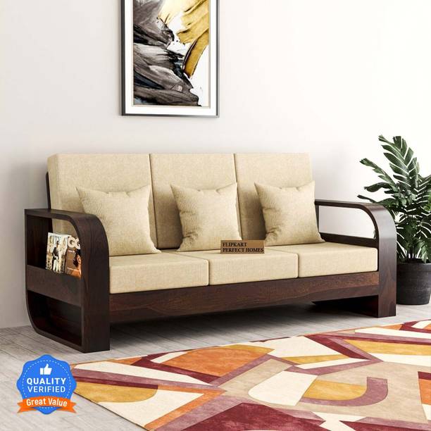 Flipkart Perfect Homes Leaf Armrest Sheesham Wood Three Seater Sofa With Pocket Storage For Living Room Fabric 3 Seater  Sofa