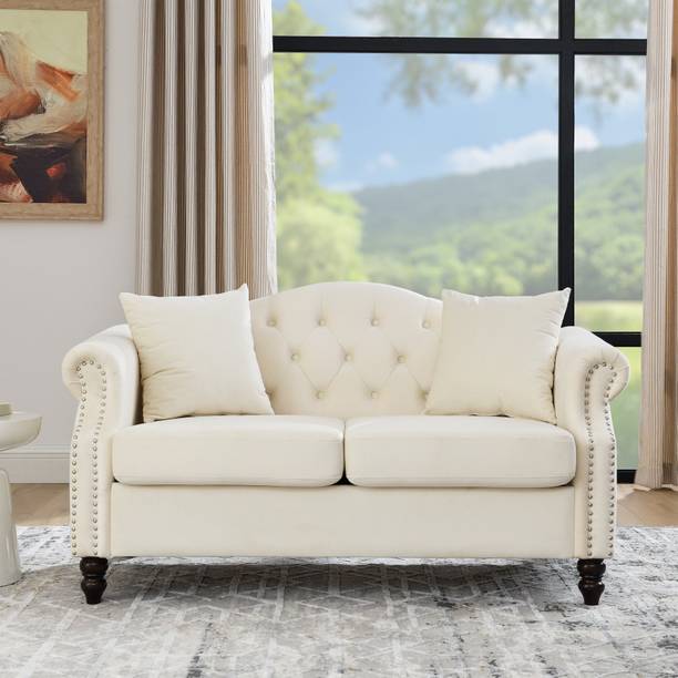 India wood mart Wooden Chesterfield Beige Sofa Couch for Living Room,Bedroom,Office,Apartment Half-leather 2 Seater  Sofa