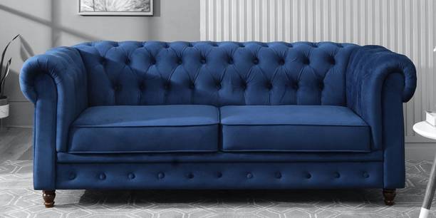 Klenta Home Decor Luxury Three Seater Sofa With Button Tufted Velvet Fabric For Living Room || Fabric 3 Seater  Sofa